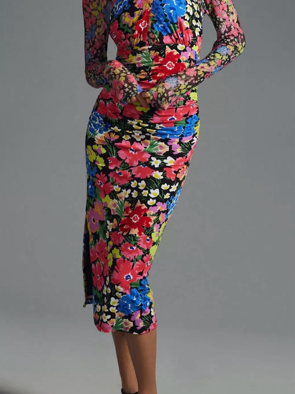 NWOT Anthropologie Mesh Halter Mock Neck Colorful Floral Bodycon Midi Dress XS